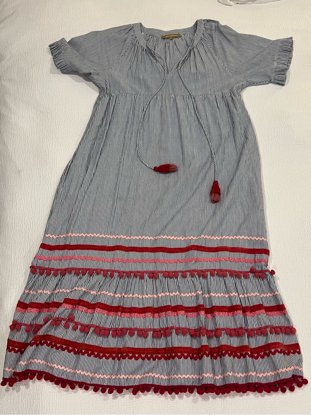 Midi Striped Dress with Red Trim and Tassels Womens Small - Picture 1 of 11